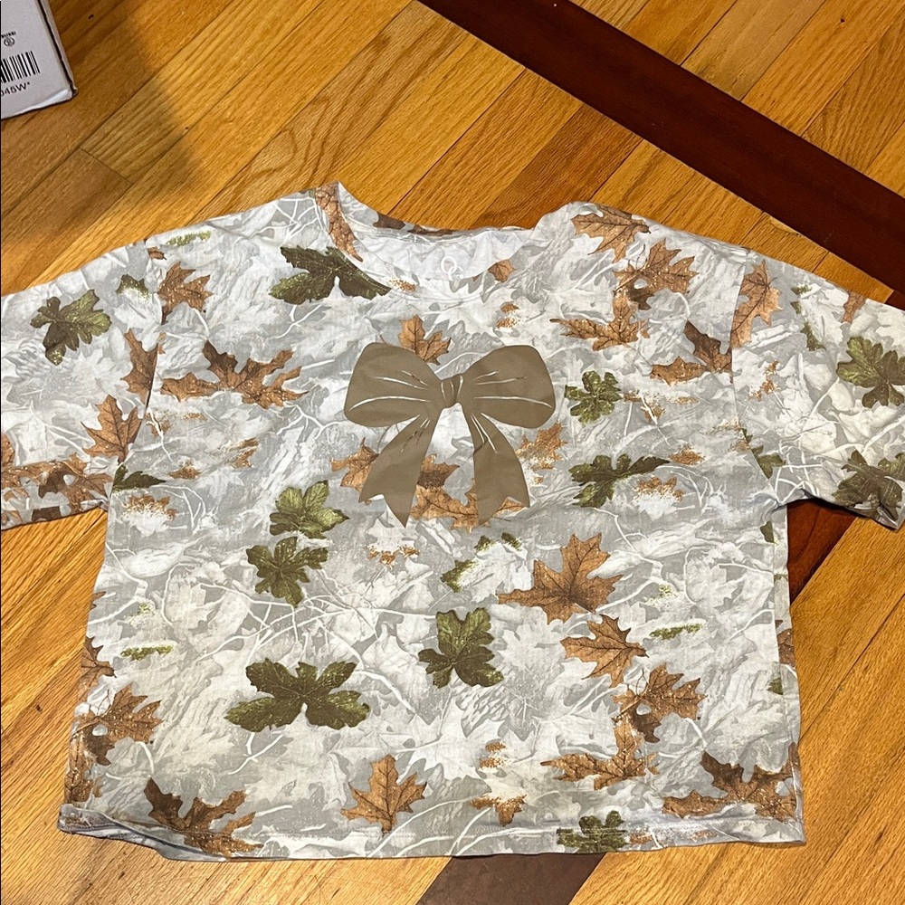 Kids Leaf-Print Top with Bow Detail - Cream & Brown
